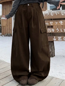Dazy Plus Solid Color Casual Side Pocket Cargo Pants Street Loose Wide Leg Curved Leg Denim Jeans Fall - Brown - View 5