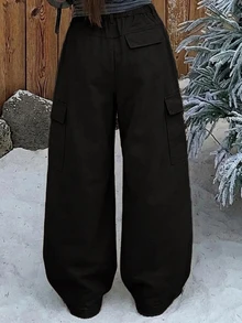 Dazy Plus Solid Color Casual Side Pocket Cargo Pants Street Loose Wide Leg Curved Leg Denim Jeans Fall - Black - View 2