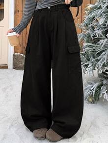 Dazy Plus Solid Color Casual Side Pocket Cargo Pants Street Loose Wide Leg Curved Leg Denim Jeans Fall - Black - View 4