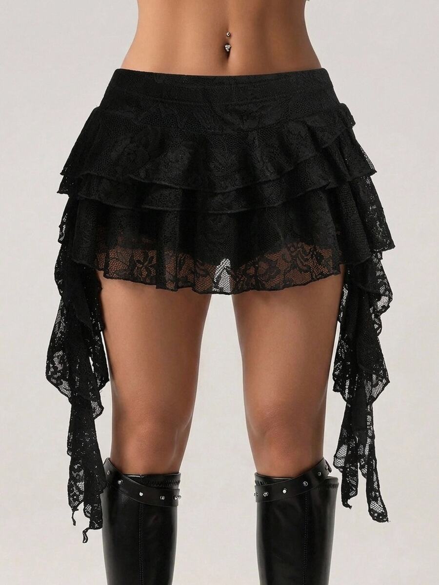 SHEIN ICON Low Waist Casual Lace Wave-Trim Skirt With Safety Shorts To Prevent Exposure, For Vacation,Bohemian Clothes - Black - View 1