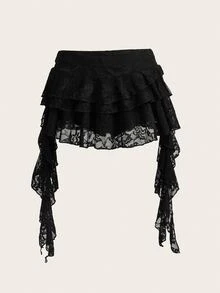 SHEIN ICON Low Waist Casual Lace Wave-Trim Skirt With Safety Shorts To Prevent Exposure, For Vacation,Bohemian Clothes - Black - View 2