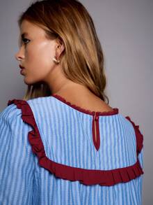 Nöista Blue Striped Blouse With Contrast Red Piping And Scallop Hem. Fall Winter, Casual, Everyday. - Blue - View 8