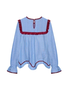 Nöista Blue Striped Blouse With Contrast Red Piping And Scallop Hem. Fall Winter, Casual, Everyday. - Blue - View 12