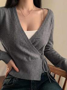 DAZY Solid Color Fitted Asymmetrical Neckline Tie Long Sleeve Casual Vacation Korean Style Autumn/Winter Knit Sweater For Women - Grey - View 7