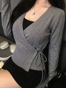 DAZY Solid Color Fitted Asymmetrical Neckline Tie Long Sleeve Casual Vacation Korean Style Autumn/Winter Knit Sweater For Women - Grey - View 4