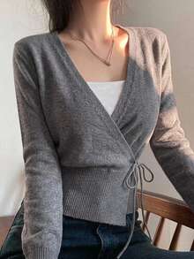 DAZY Solid Color Fitted Asymmetrical Neckline Tie Long Sleeve Casual Vacation Korean Style Autumn/Winter Knit Sweater For Women - Grey - View 5