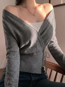 DAZY Solid Color Fitted Asymmetrical Neckline Tie Long Sleeve Casual Vacation Korean Style Autumn/Winter Knit Sweater For Women - Grey - View 6