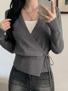 DAZY Solid Color Fitted Asymmetrical Neckline Tie Long Sleeve Casual Vacation Korean Style Autumn/Winter Knit Sweater For Women - Grey - View 1