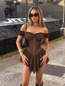 SHEIN ICON Women's Coffee Brown Ruched Jacquard Waist Tie Off-Shoulder Layered Ruffle Hem A-Line Chiffon Mini Dress,Elegant Summer Goth Night Club Party Dresses - Brown - View 1