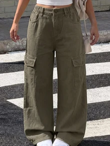 SHEIN 青少年女孩淺軍綠色工裝口袋寬鬆牛仔褲 2026秋冬款 可愛Y2K 百搭 萬聖節新年 - 軍綠色 - 查看 3