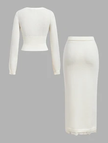 SHEIN MOD Setelan Elegan 2 Potong untuk Wanita: Kardigan Rajut Leher V Kancing Tunggal dengan Detail Renda Kontras Warna Polos dan Rok Rajut - Putih - View 6
