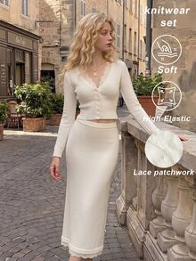 SHEIN MOD Setelan Elegan 2 Potong untuk Wanita: Kardigan Rajut Leher V Kancing Tunggal dengan Detail Renda Kontras Warna Polos dan Rok Rajut - Putih - View 2