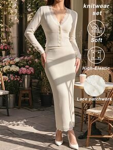 SHEIN MOD Setelan Elegan 2 Potong untuk Wanita: Kardigan Rajut Leher V Kancing Tunggal dengan Detail Renda Kontras Warna Polos dan Rok Rajut - Putih - View 1