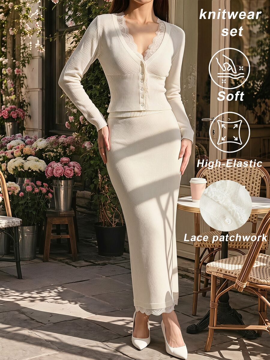 SHEIN MOD Setelan Elegan 2 Potong untuk Wanita: Kardigan Rajut Leher V Kancing Tunggal dengan Detail Renda Kontras Warna Polos dan Rok Rajut - Putih - View 1