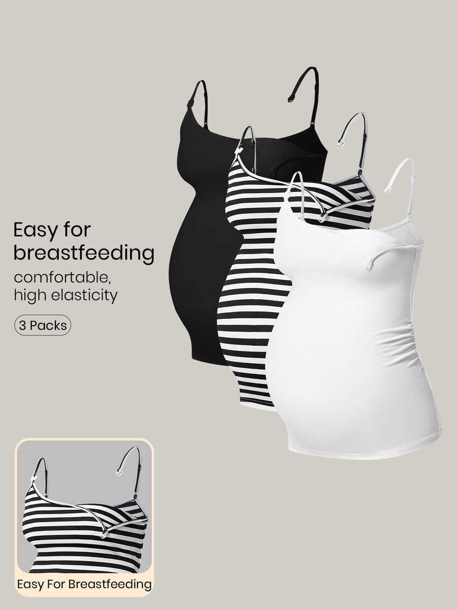 Modmama Maternity 3pcs Nursing Sports Set: Wool-Lined Tight Cami Top For Running, Fitness, Outdoor Sports, Travel - Black and White - View 1