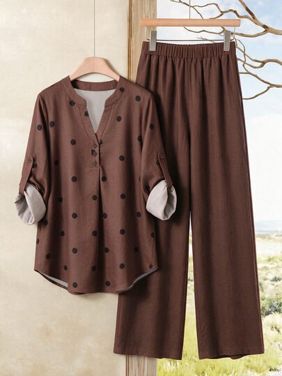 Rusticease Women's Casual Long Sleeve Shirt And Pants 2 Pieces Set, Women's Black Polka Dot Shades Of Brown Set, Women's Casual Set Travel Fall