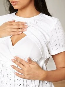 SHEIN 孕婦哺乳服簡約圓領t恤,適合居家穿著 - 白色 - 查看 5