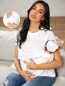 SHEIN 孕婦哺乳服簡約圓領t恤,適合居家穿著 - 白色 - 查看 4