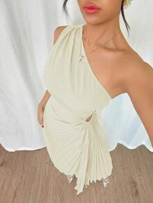 Modelyn 女士优雅纯色无袖收腰中长连衣裙，夏季 - 杏色 - 查看 4