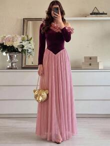 Modelyn Women's Elegant Asymmetrical Shoulder Ruffle Velvet & Sequin Patchwork Full Skirt Formal Evening Long Sleeve Dress - Burgundy - View 6