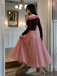 Modelyn Women's Elegant Asymmetrical Shoulder Ruffle Velvet & Sequin Patchwork Full Skirt Formal Evening Long Sleeve Dress - Burgundy - View 3