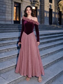 Modelyn Women's Elegant Asymmetrical Shoulder Ruffle Velvet & Sequin Patchwork Full Skirt Formal Evening Long Sleeve Dress - Burgundy - View 2