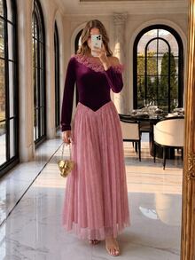 Modelyn Women's Elegant Asymmetrical Shoulder Ruffle Velvet & Sequin Patchwork Full Skirt Formal Evening Long Sleeve Dress - Burgundy - View 5