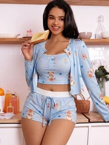 SweetSlumber Sött pyjamasset för kvinnor med Ins-björn- och kakdesign, höst- och vinterkläder med mysiga och eleganta detaljer - Blå - Visa 6