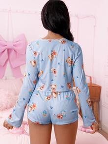 SweetSlumber Sött pyjamasset för kvinnor med Ins-björn- och kakdesign, höst- och vinterkläder med mysiga och eleganta detaljer - Blå - Visa 2