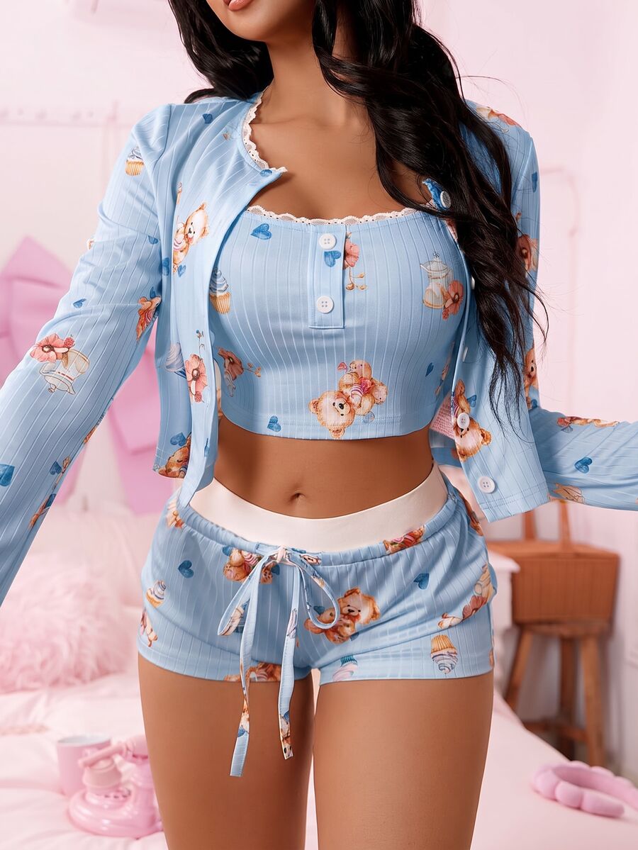 SweetSlumber Sött pyjamasset för kvinnor med Ins-björn- och kakdesign, höst- och vinterkläder med mysiga och eleganta detaljer - Blå - Visa 1