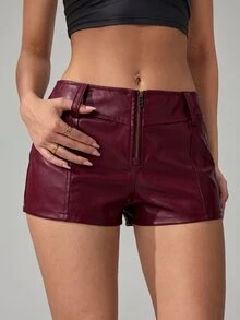 SHEIN Tall Women's Sexy Zipper PU Material Fashion Shorts - Burgundy - View 8