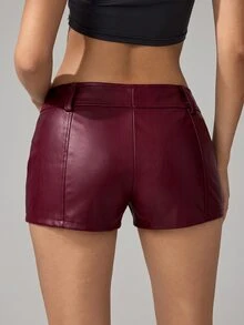 SHEIN Tall Women's Sexy Zipper PU Material Fashion Shorts - Burgundy - View 2