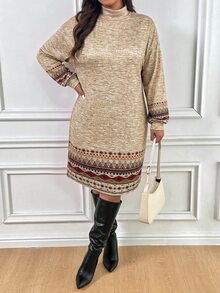 SHEIN Frenchy 大尺碼女款幾何印花休閒波希米亞風日常洋裝，適合外出、度假、秋冬日常穿著，米色 - 彩色 - 查看 5