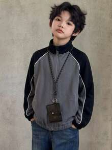 Dazy Kids Tween Boy Colorblock Zipper Placket Raglan Long Sleeve Casual Sweatshirthoodies - Black - View 6