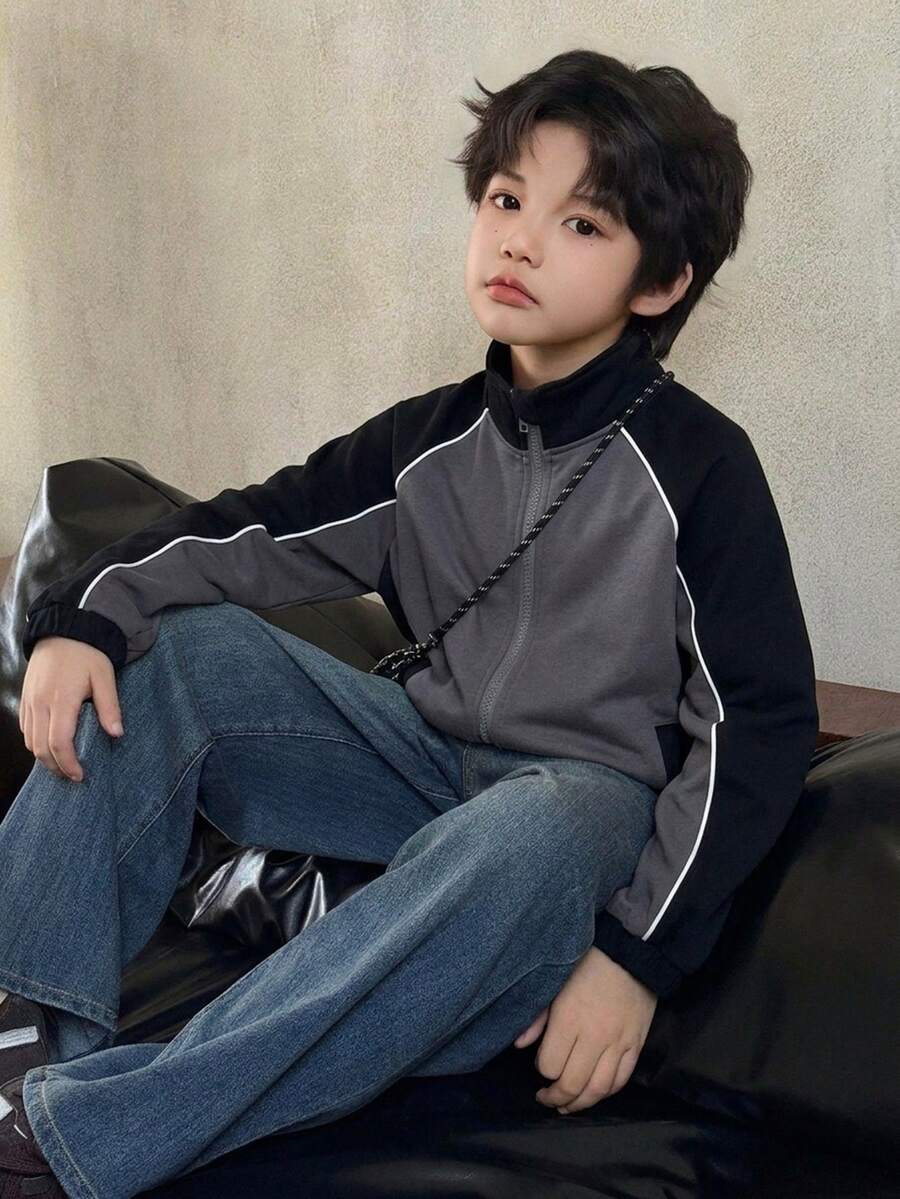 Dazy Kids Tween Boy Colorblock Zipper Placket Raglan Long Sleeve Casual Sweatshirthoodies - Black - View 1