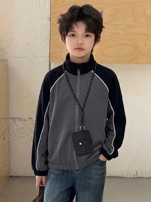Dazy Kids Tween Boy Colorblock Zipper Placket Raglan Long Sleeve Casual Sweatshirthoodies - Black - View 3