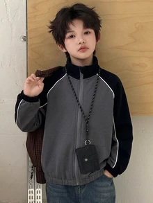 Dazy Kids Tween Boy Colorblock Zipper Placket Raglan Long Sleeve Casual Sweatshirthoodies - Black - View 5