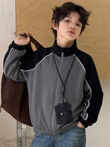 Dazy Kids Tween Boy Colorblock Zipper Placket Raglan Long Sleeve Casual Sweatshirthoodies - Black - View 4