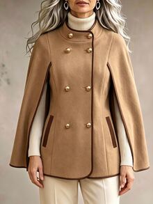 Holdful Holdful Women's Fall Round Neck Colorblock Trim Button Pocket Decor Cape Coat, Easter, Festivals, Office Party Formal, Graduation Camel Elegant Granny Casual - Khaki - View 4