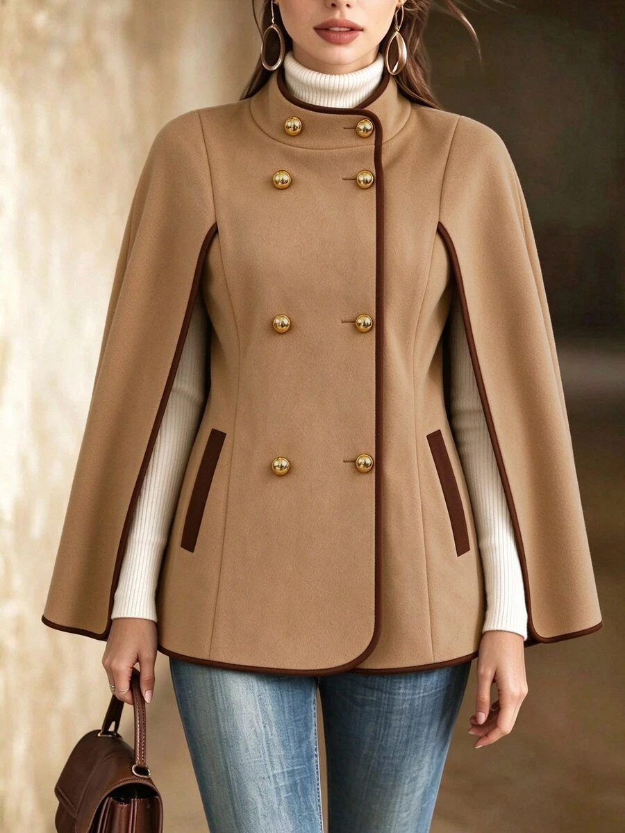 Holdful Holdful Women's Fall Round Neck Colorblock Trim Button Pocket Decor Cape Coat, Easter, Festivals, Office Party Formal, Graduation Camel Elegant Granny Casual - Khaki - View 1