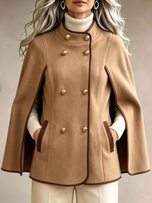 Holdful Holdful Women's Fall Round Neck Colorblock Trim Button Pocket Decor Cape Coat, Easter, Festivals, Office Party Formal, Graduation Camel Elegant Granny Casual - Khaki - View 5