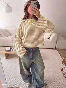 SHEIN EZwear 海外長袖奶油黃與棕色條紋上衣，秋季上衣，適合日常通勤、聚會、秋冬春夏、聖誕節、新年、感恩節、派對、婚禮、海灘、畢業典禮、優雅、外出、約會、通勤、情人節、優雅、度假、Y2K、畢業典禮及其他場合 - 彩色 - 查看 3