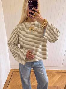 SHEIN EZwear 海外長袖奶油黃與棕色條紋上衣，秋季上衣，適合日常通勤、聚會、秋冬春夏、聖誕節、新年、感恩節、派對、婚禮、海灘、畢業典禮、優雅、外出、約會、通勤、情人節、優雅、度假、Y2K、畢業典禮及其他場合 - 彩色 - 查看 6