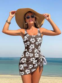 Swim Lushoire Women's Floral Print Casual Side Knot One-Piece Swimsuit - Brown - View 1