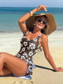 Swim Lushoire Women's Floral Print Casual Side Knot One-Piece Swimsuit - Brown - View 4
