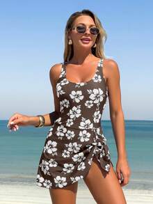 Swim Lushoire Women's Floral Print Casual Side Knot One-Piece Swimsuit - Brown - View 5