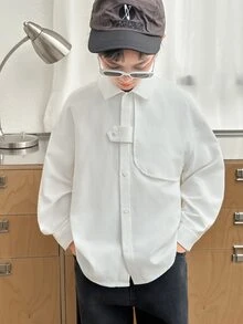 SHEIN Little Byeori 青少年男孩休閒舒適白色長袖襯衫，領口開襟寬鬆基本款冬季上衣，Y2K套裝，夏季返校、學校、正式場合適用 - 白色 - 查看 3