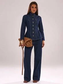 SHEIN BAE Women's Long Sleeve Single-Breasted Denim Shirt With Tie Neckline Design Going Out Tops - Dark Wash - View 5