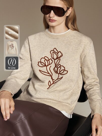 Ontre 2026AW Autumn/Winter New Women's Round Neck Long Sleeve 3D Embroidered Sweater, Minimalist Elegant Old Money Style, Saint John's Day Minimalist Romantic French Luxury Texture, Urban Fashion Business Casual Women's Clothing, Office Wear, Low-Key Old Money Style, High-End Urban Commute Women's Clothing