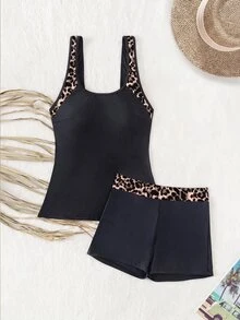 Swim Lushoire 女士夏季海滩度假豹纹拼接吊带泳衣 - 黑色 - 查看 6